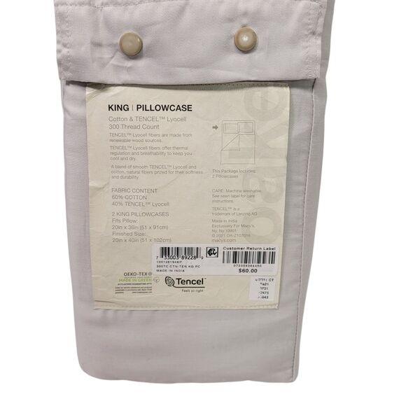 Oake Cotton & Tencel Lyocell 300 Thread Count 2-Piece KING Pillowcase Light Grey - Picture 3 of 7
